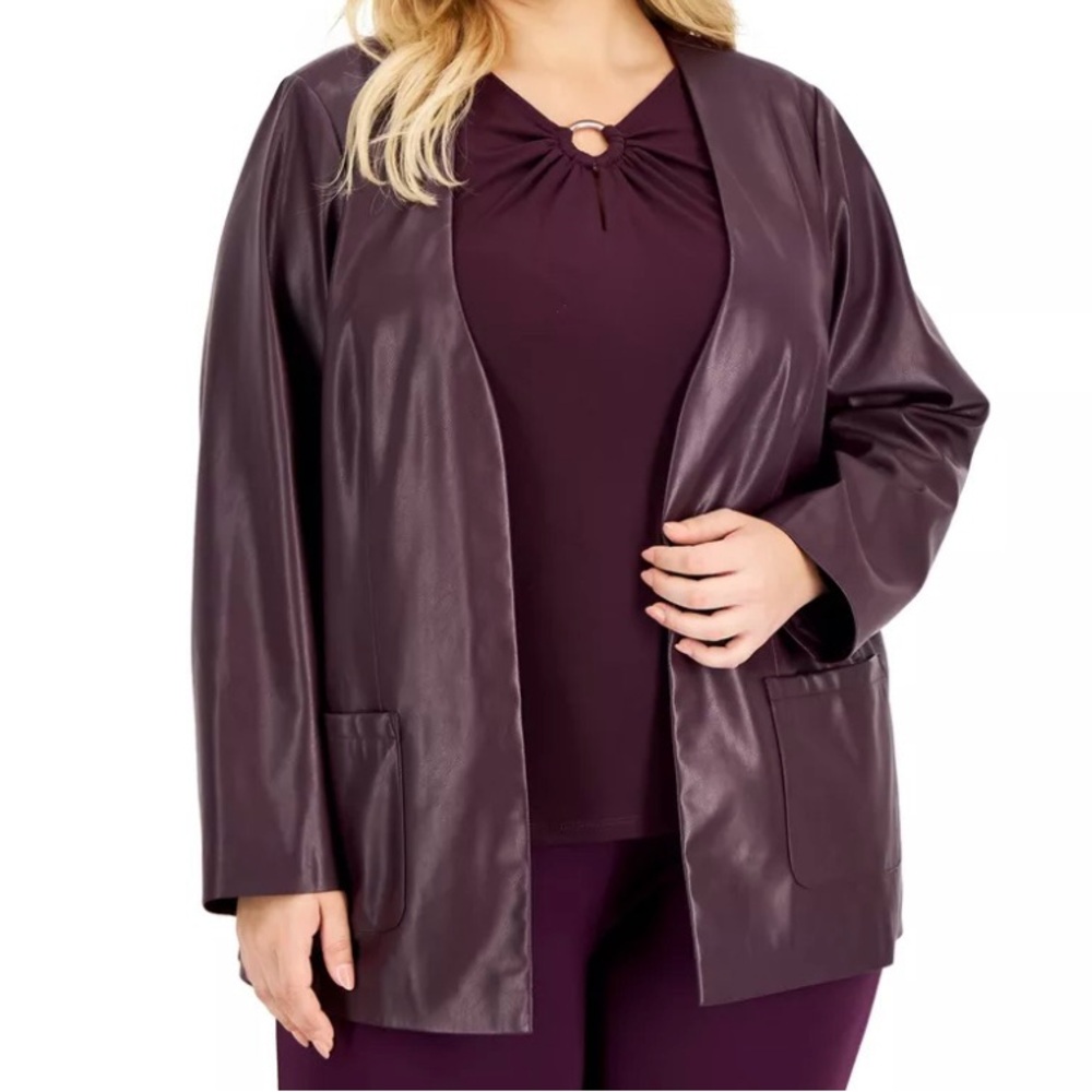 Calvin Klein Plus Size Faux Leather Open Front Jacket Aubergine Plum 20W